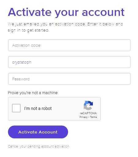 Eingabemaske für die Aktivierung deines Accounts